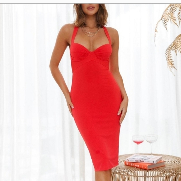 Saints + Secrets Chic & Sexy Red Midi Dress Sz M NWT - Picture 1 of 12